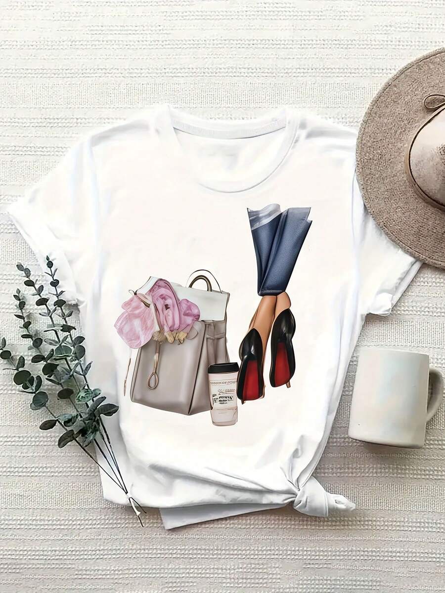 Fashionable Plus-Size Women's Handbag With High Heel Print, Casual Short-Sleeved Round-Neck T-Shirt, Comfortable And Breathable For Everyday Wear - 白色 - 查看 1