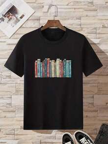Women's T-Shirt With Book Print, Spring And Summer Casual Loose Fit, Round Neck, Short Sleeve Blouse, Cute 100% Cotton - 黑色 - 查看 3