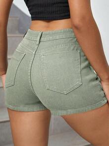 Envoltorio de falda pantalón denim con dobladillo asimétrico de unicolor - Caqui - Ver 3