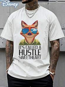 Disney Official Licensed Zootopia Nick Wilde "It's Called A Hustle Sweetheart" Print 220g 100% Cotton Graphic T Shirt, Crew Neck Unisex Tee - White - View 1