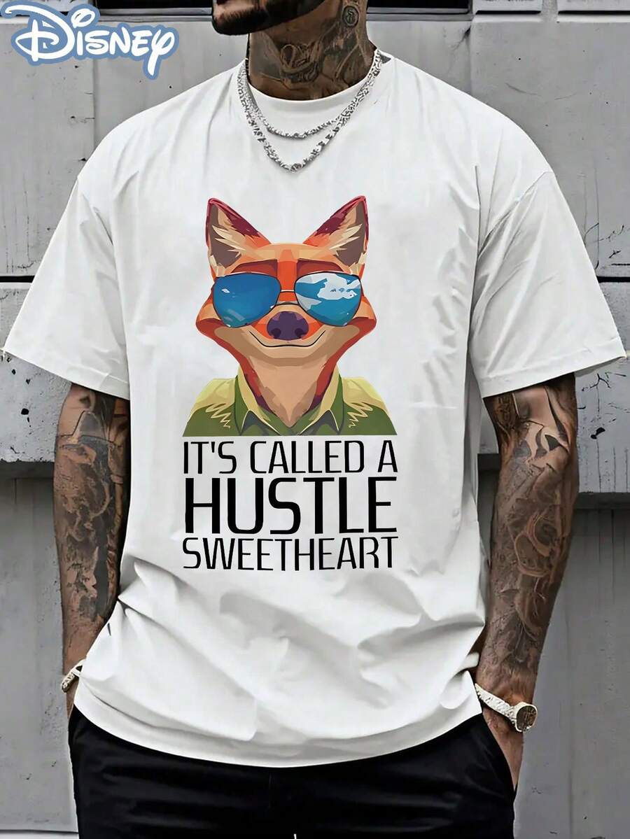 Disney Official Licensed Zootopia Nick Wilde "It's Called A Hustle Sweetheart" Print 220g 100% Cotton Graphic T Shirt, Crew Neck Unisex Tee - White - View 1