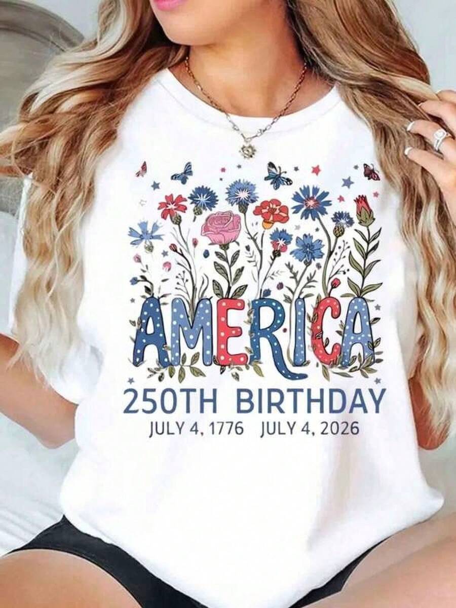 America 250th Birthday Floral Print Women T Shirt Round Neck Casual Independence Day Gift 250 Years Anniversary 220gRopa De Mujer / Ropa De Mujer De Uso Diario / Blusas, Camisas Y Camisetas De Mujer / Camisetas De Mujer Ropa Deportiva Basicos Mujer Short Playeras Para Hombre - Blanco - Ver 1