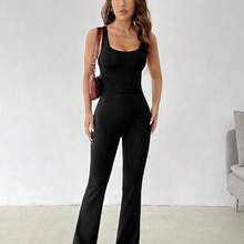 PETITE Summer Solid Color Hollow Out Flare Skinny Jumpsuit - Azul - Ver 5
