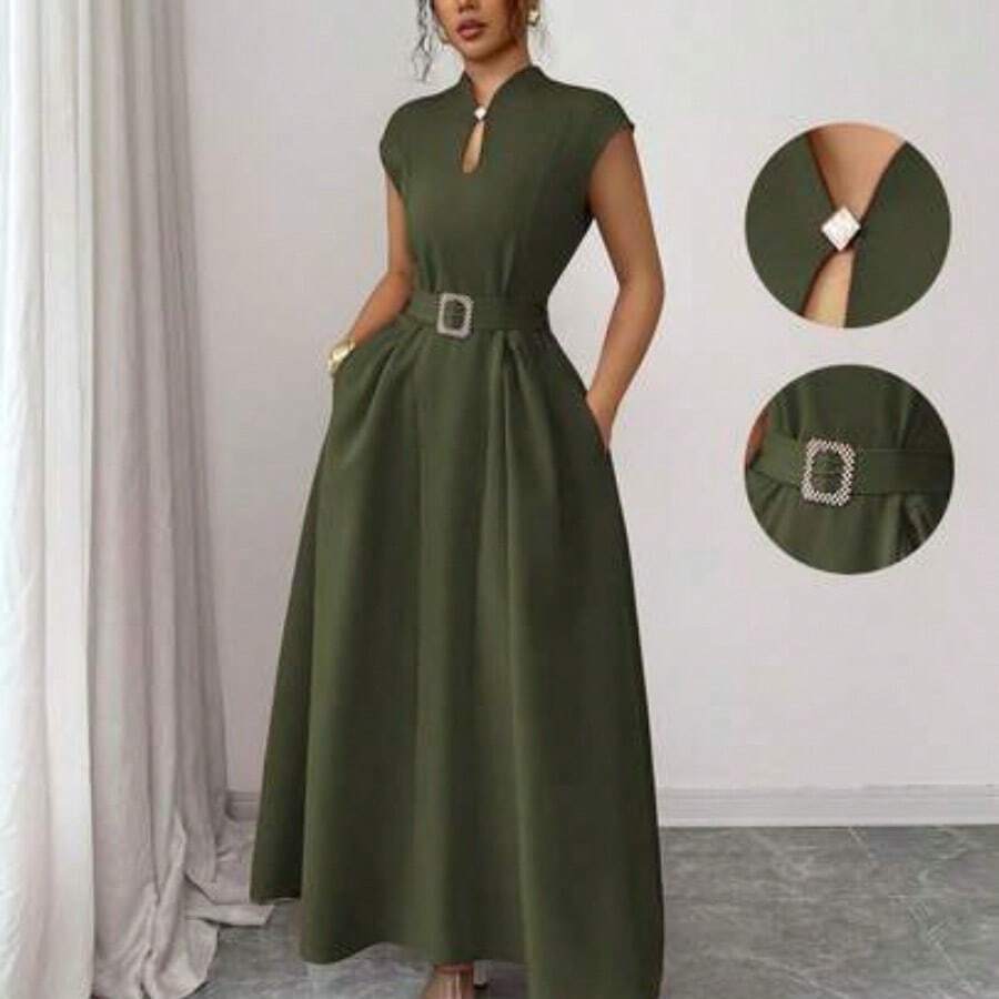 Elenzya Women's Elegant Casual Midi Dress With Romantic French Sicily Inspired Design, Suitable For Commute, Vacation, Afternoon Tea, Valentine's Day Party, Featuring Sweetheart Neck, Waist Tie Belt, Flared Hem, And Pockets, Spring/Summer - Verde militar - Ver 1