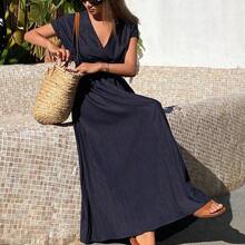 Women's V-Neck Waist Cinched Mid-Length Dress, Short Sleeve Vacation Maxi Dress Sundress - Azul Marino - Ver 6