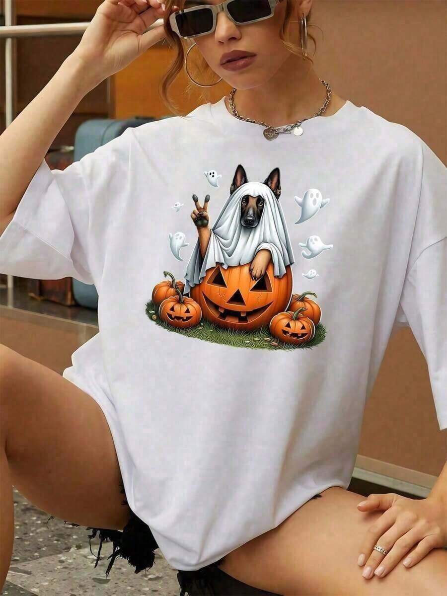 Women's Halloween T-Shirt, Fun Graphic Tee With A Ghost Pumpkin And Dog, Fashionable Loose Fit, High-Quality Fabric, Unique Halloween Costume Idea, Comfortable For Everyday Wear. A5WV YRWX - 白色的 - 查看 1