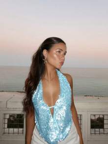 Sexy Sequined, Backless, Deep V-Neck Halter Top With A Holiday Vibe - 天藍色 - 查看 2