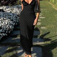 Yuwenier Elegant Romantic A-Line Satin Polka Dot Print Maxi Dress, Lace Patchwork Spaghetti Strap, Open Back, Suitable For Valentine's Day, Music Festival, Beach Holiday Black Summer - Negro - Ver 1