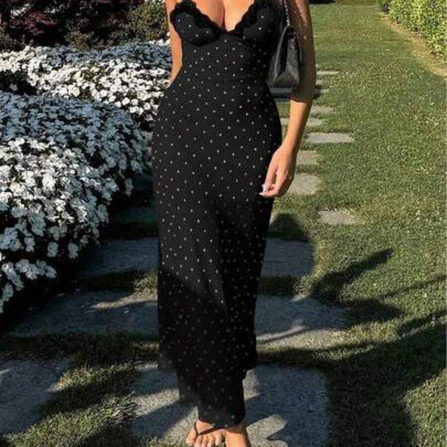Yuwenier Elegant Romantic A-Line Satin Polka Dot Print Maxi Dress, Lace Patchwork Spaghetti Strap, Open Back, Suitable For Valentine's Day, Music Festival, Beach Holiday Black Summer - Negro - Ver 1