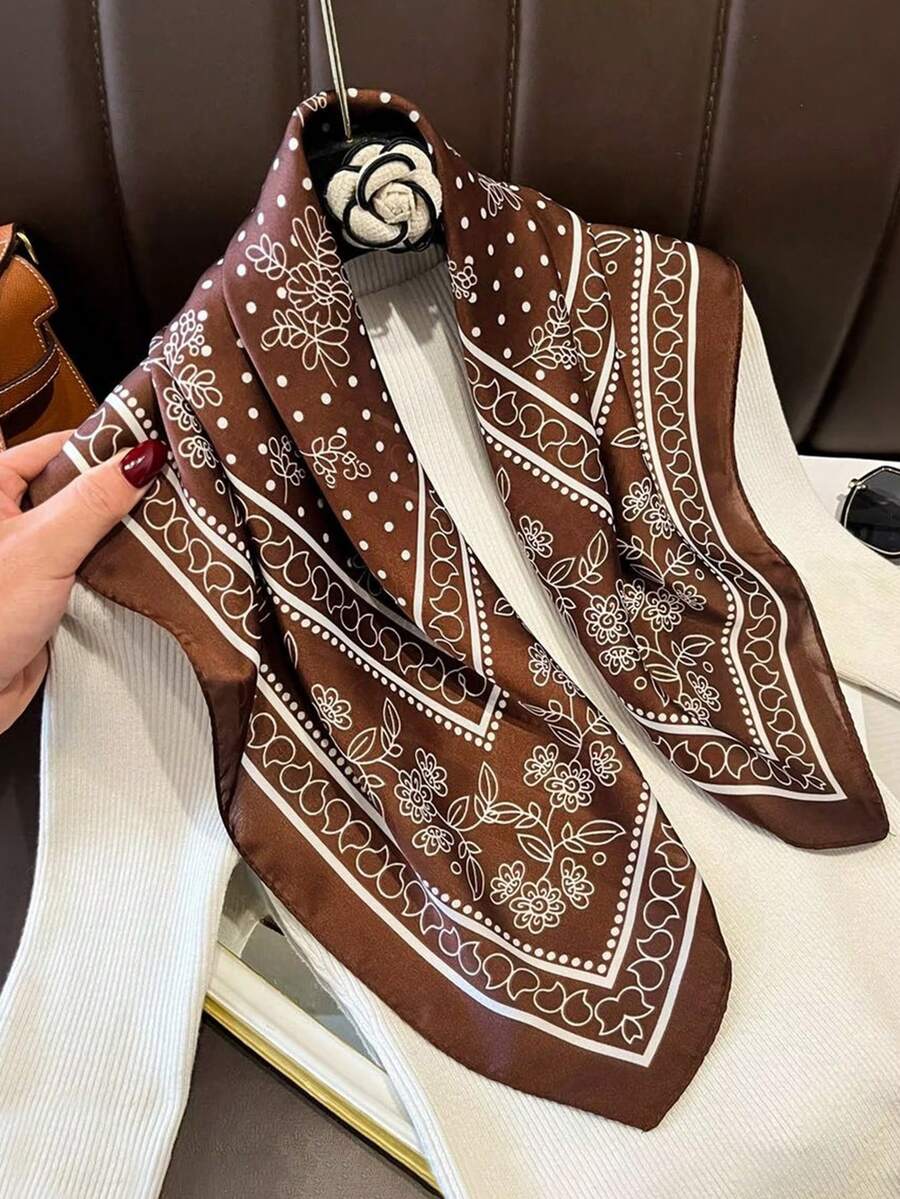 1 chiếc khăn vuông 27,6 inch in họa tiết hoa cổ điển thanh lịch, khăn bandana mới dành cho nữ, khăn quàng cổ đa năng, băng đô, phụ kiện thời trang. - Cà phê nâu - Xem 1