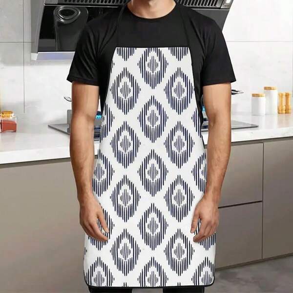 1pc Indigo Diamond Pattern Printed Apron, Classic Tie-Dye Line Design, Indigo Lines Outline Vintage Diamond Pattern On White Background, Durable Cooking Apron Suitable For Bakers, Cake Decorators, BBQ Enthusiasts, Gardeners, Painters, Manicurists - Perfect Gift For Home And Professional Chefs