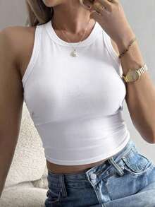 Camiseta de tirantes ajustada de unicolor para mujer, uso diario minimalista y casual - Blanco - Ver 2