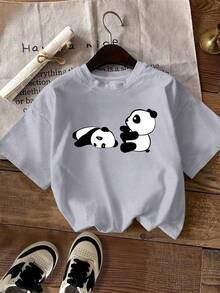 Panda Print Crew Neck T-Shirt, Standard Size Women's Clothing, Women's Clothing - Unisex Urban Vintage Style Loose Cotton Short Sleeve T-Shirt With Crew Neck. - 綠色 - 查看 11