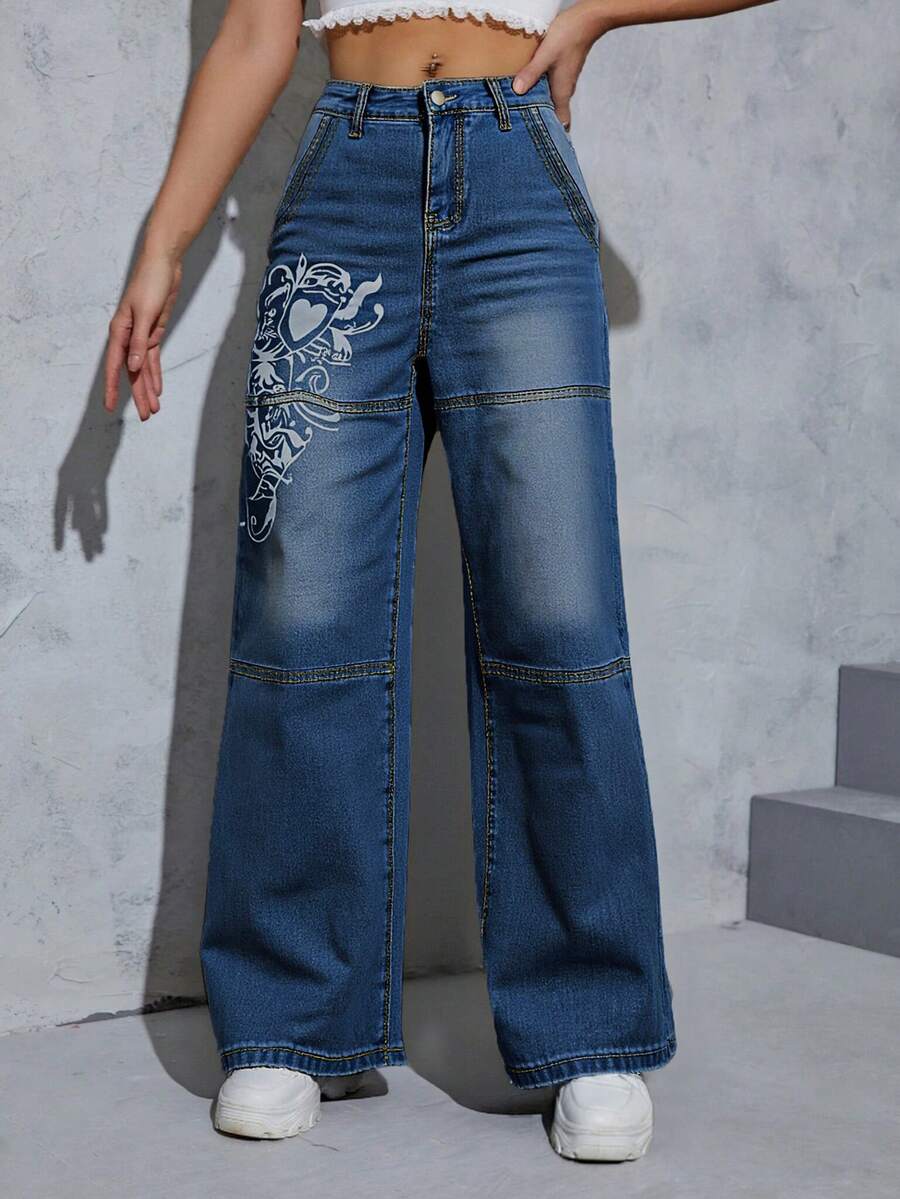 Women's High-Waisted Wide Leg Printed Jeans, Classic Wash, Non-Stretch Fabric, Elegant And Modern Style - 深色水洗藍 - 查看 1