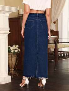 Women's High Waist Pocketed Frayed Hem Casual Denim Mini Skirt - Café integral - Ver 9