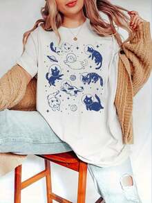 1 pieza de camisa espacial para mujer - Blusa de manga corta con diseño de gatito adorable, top casual de cuello redondo para primavera y verano con estampado de gato atigrado y temática espacial, lavable, 180g, 100% algodón. - Blanco - Ver 2