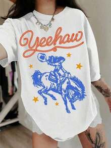 1 pieza. Camiseta suave para mujer con acabado vintage desgastado, diseño de patrón 'YEE HAW' de estilo casual occidental, tejido de punto cómodo, perfecta para primavera y verano, blanca con detalles en azul y naranja, ropa casual de verano. | Estilo Casual Juvenil | Cuello de Cuerda, Conjuntos de Verano para Mujer, Tops 180g 100% Algodón - Blanco - Ver 6