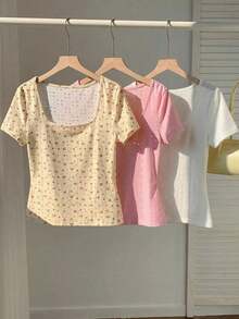 3 piezas de camisetas cortas básicas de cuello redondo y cortas para mujer en marrón café y blanco, ropa de otoño - Multicolor - Ver 5