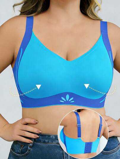 Soutien-gorge mince grande taille, rayures de pétales contrastées pour prévenir l'affaissement et soutenir les seins latéraux, soutien-gorge sans couture grande taille à rayures de gelée doux et de soutien sans armature, soutien-gorge push-up grande poitrine avec coussinets amovibles et bretelles larges réglables, débardeur de sport, vêtement décontracté