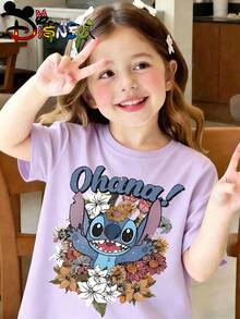 Disney Licensed Floral Stitch Kids' T-Shirt, Featuring Lilo & Stitch With "Ohana!" Letter Print, Premium Quality Short Sleeve Crew Neck Tee, All-Day Comfortable Wear For Boys And Girls, Perfect For Casual Daily Wear, School, Playdates, And Theme Park Visits - 紫色 - 查看 1