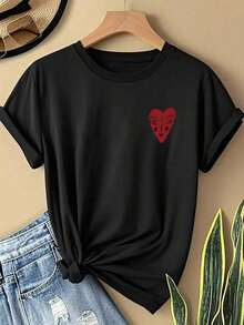 Women's 100% Cotton T-Shirt - Short Sleeve - With Printed Heart Motif - Machine Washable, Suitable For Everyday And Evening Wear, Comfortable, Soft Fabric, Casual Round Neck Top, Summer T-Shirt. - Black - View 2