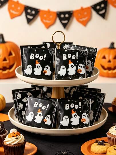 100 piezas Bolsas de regalo de Halloween con cierre autoadhesivo, bolsas de envoltura de regalo con diseño de fantasma BOO de Halloween, bolsas de dulces para fiestas de Halloween, decoración de trucos o dulces de Halloween, decoraciones de Halloween felices, suministros para fiestas de Halloween, decoración de mesa de fiesta de Halloween, bolsas para galletas de Halloween, bolsas para hornear, suministros de embalaje de regalos de Halloween, decoración del hogar y la habitación de Halloween, regalos de Halloween, recuerdos, decoración navideña, decoración de Año Nuevo 2027
