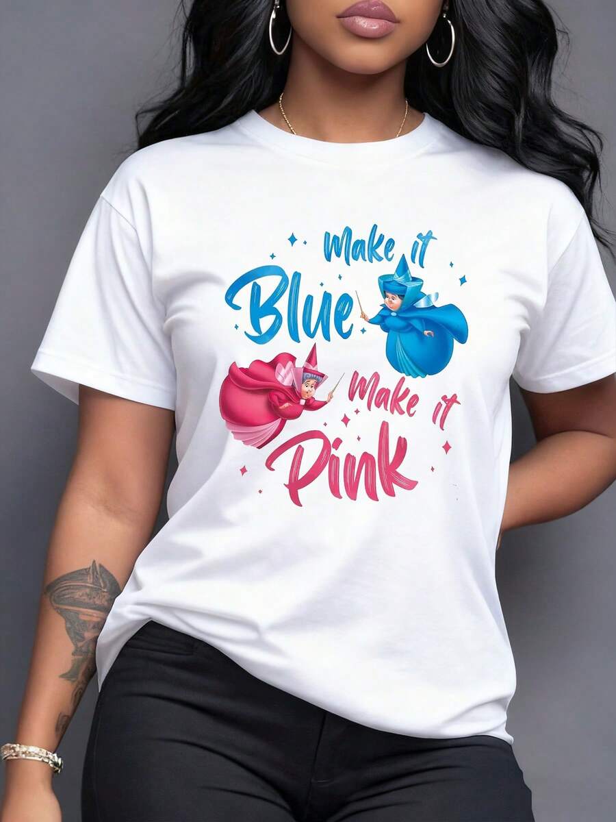 Dos hadas coloridas enfrentando su magia entre azul y rosa con destellos brillantes que simbolizan la diversión y la armonía en contraste camiseta para mujer casual de manga corta cómoda para uso diario - Blanco - Ver 1