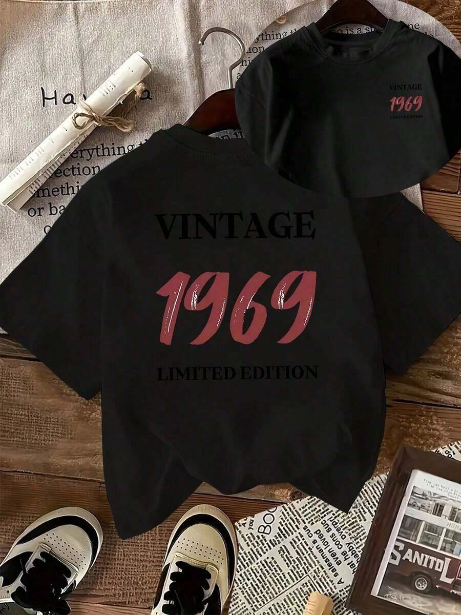 New Summer Collection 2026, Fashion [Double-Sided Print] Women's Casual Summer Top, VINTAGE 1969 LIMITED, Suitable For All Seasons, Comfortable, LIMITED EDITION VINTAGE 1969, Retro Digital Print, Versatile Clothing, Comfortable Material, Short Sleeve T-Shirt, Summer T-Shirt For Fashion Enthusiasts. - 黑色 - 查看 1
