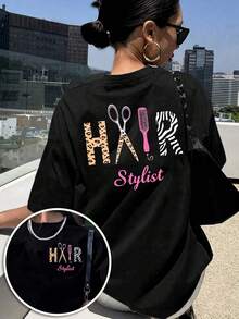 Women's Casual Hair Stylist Leopard Zebra Print Black Round Neck Short Sleeve T-shirt Made from Knitted Fabric - Negro - Ver 2