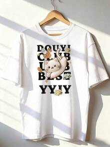 Short-Sleeve T-Shirt With Funny Cat And Youthful Calligraphy, Fashionable Short-Sleeve T-Shirt For Spring And Summer 2026, Made In Mexico, 180 Grams. Cartoon Print, Couple Design, Suitable For Indoor Or Outdoor Wear. Crew Neck, Unisex, Ideal For Office And Leisure. One-Pack. - WH-P631577SLNDXZGY397 - 查看 2