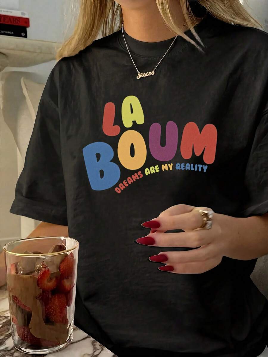 Casual Women's Black Round Neck Short Sleeve T-Shirt with Colorful Graphic Print, Drop Shoulder Medium Stretch Knitted Fabric Top, Regular Length Tee