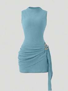 Nuevo vestido elegante y sexy de primavera/verano para citas, de cuello alto, con hebilla metálica, fruncido y sin mangas, de silueta ajustada para mujer - Azul - Ver 1