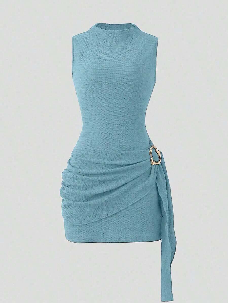 Nuevo vestido elegante y sexy de primavera/verano para citas, de cuello alto, con hebilla metálica, fruncido y sin mangas, de silueta ajustada para mujer - Azul - Ver 1