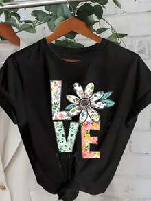 Camiseta genial y casual, Daisy Loves, con estampados de letras, cuello redondo y mangas cortas con ligera elasticidad, adecuada para ropa deportiva de mujer. - Negro - Ver 7