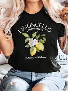 Talla Grande - Talla Grande - Camiseta Botánica con Estampado de Flores de Limón para Mujer, Camiseta de Manga Corta con Cuello Redondo, Estilo Casual, Talla Grande, Camiseta con Estampado de Texto, Estampado de Letras, Manga Corta, Cuello Redondo, Estilo Casual, Camiseta para Mujer, Verano y Primavera, Linda y Divertida. - Negro - Ver 6
