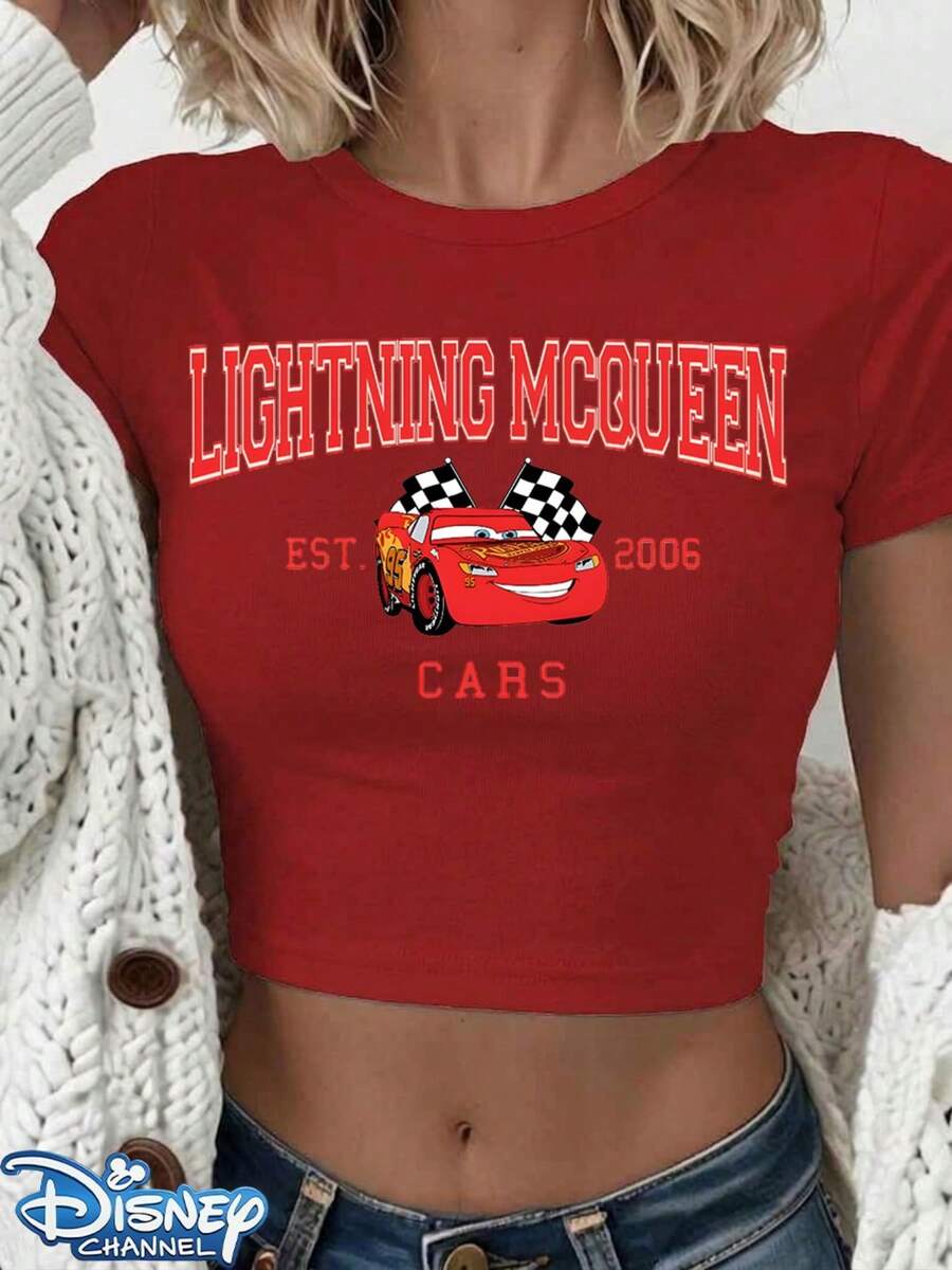 Genuine Disney New Lightning McQueen Cars Est. 2006 Print Design, Ladies' Casual Short T-Shirt With Round Neck And Slim Fit, Basic Polyester Fiber Tops In Summer Are Versatile For Everyday Wear, Comfortable And Loose, Ideal For Giving Her A Perfect Gift, Washable, Holiday Outfits For Women Festival Outfits Women Lineshirt Women White Top. - Red - View 1