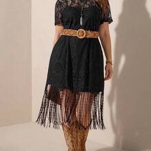 LUNE Plus Size Lace Fringe Hem Vacation Dress For Summer,Beach Dress Sundress,Holiday Outfits Boho - Negro - Ver 10