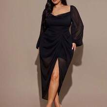 Plus Size Women Black Chiffon Long Sleeve Split Ruched Dress - Negro - Ver 8