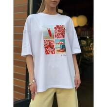 Camiseta de manga corta 100% algodón, elegante y versátil, estilo europeo y americano de verano, de longitud media y corte holgado. - Blanco - Ver 5