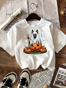 Women's Halloween T-Shirt, Fun Graphic Tee With A Ghost Pumpkin And Dog, Fashionable Loose Fit, High-Quality Fabric, Unique Halloween Costume Idea, Comfortable For Everyday Wear. A5WV E3IO - 白色的 - 查看 2