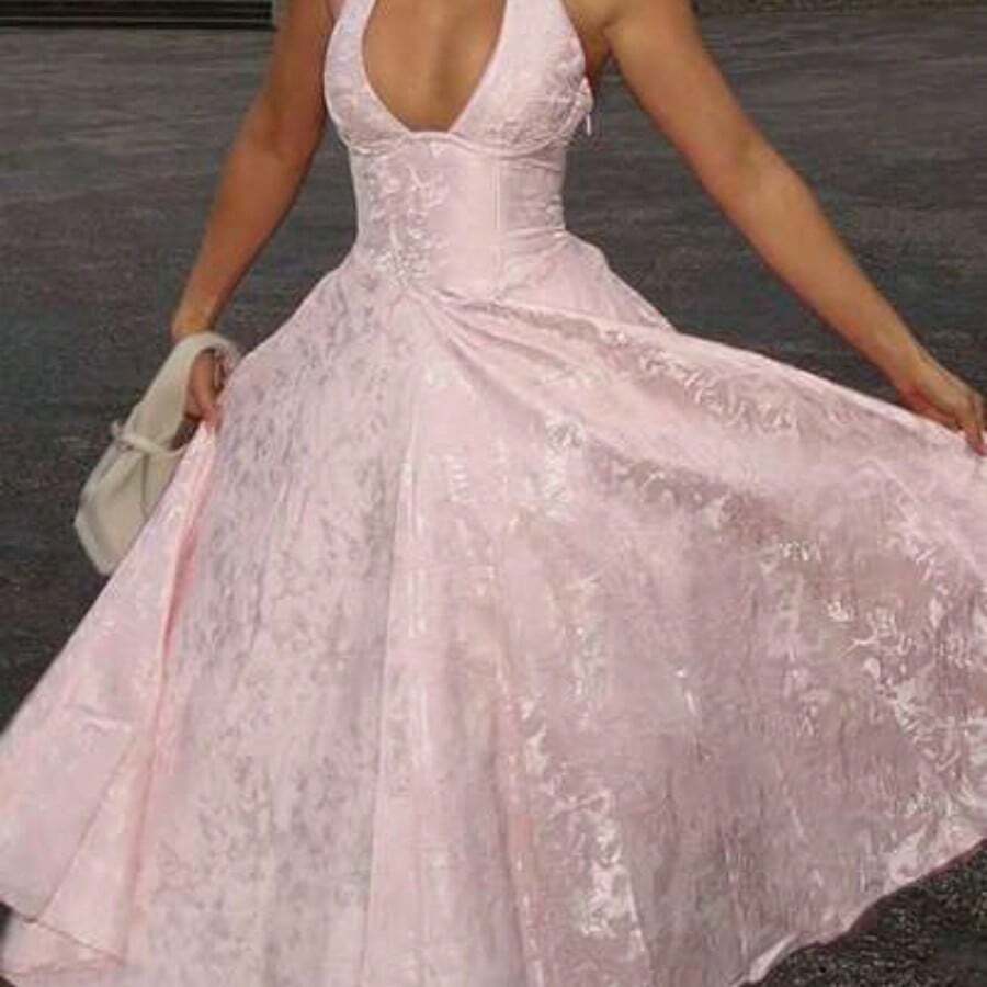 Elegant Date & Resort Romantic Textured Print V-Neck Waisted Flare Midi Dress Party Summer - Rosa - Ver 1