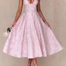 Elegant Date & Resort Romantic Textured Print V-Neck Waisted Flare Midi Dress Party Summer - Beis - Ver 5
