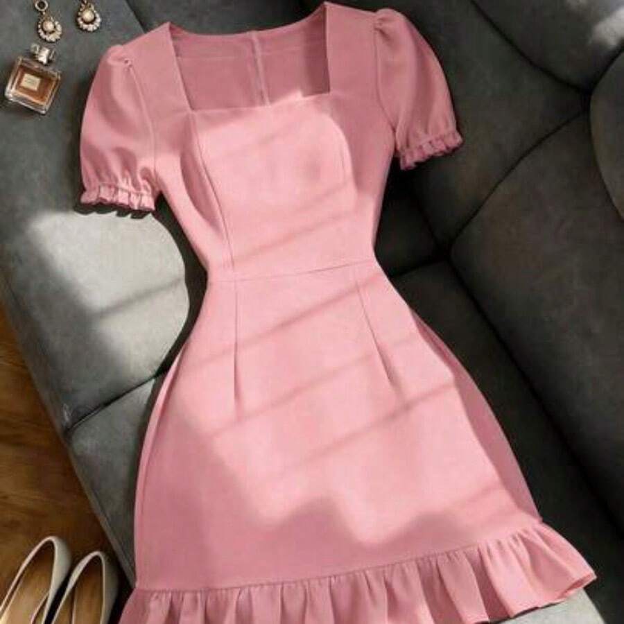 Women's Solid Black Elegant Fitted Dress, Slimming, Suitable For Dates, Parties, Birthdays, Spring/Summer Wear, Commute, Casual, Office, Versatile, Square Neck Short Sleeve A-Line 2026 New Fashion Pink Eleganza Satin - Rosa - Ver 1