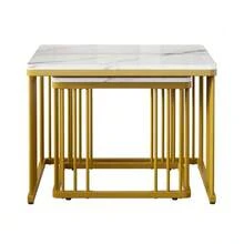 (WF326269AAW Makeover) Set Of 2 High-Gloss Square Coffee Tables With Marble Effect, Nesting Tables With Gold Legs, 60*60*45cm And 45*45*40cm, Versatile Use - White - View 6