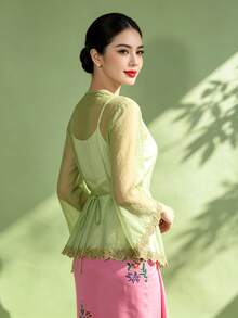 1pc Elegant Patchwork Button-Up Long Sleeve Cardigan Top For Women, Green Long Sleeve Cardigan Blouse - Green - View 5
