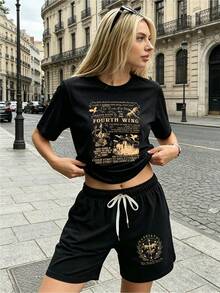 Women's Casual Minimalist Daily Graphic Loose T-Shirt And Shorts 2 Pieces Set, Fantasy Dragon Line Print With Delicate Text Fashion Set Outing Top And Shorts Set, Suitable For Dates, Gatherings, Parties, Graduation, Birthday, Vacation, Mother's Day Summer, Women Clothes, T-Shirt And Shorts Set For Summer - 黑色 - 查看 1