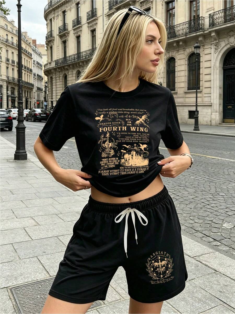 Women's Casual Minimalist Daily Graphic Loose T-Shirt And Shorts 2 Pieces Set, Fantasy Dragon Line Print With Delicate Text Fashion Set Outing Top And Shorts Set, Suitable For Dates, Gatherings, Parties, Graduation, Birthday, Vacation, Mother's Day Summer, Women Clothes, T-Shirt And Shorts Set For Summer - 黑色 - 查看 1