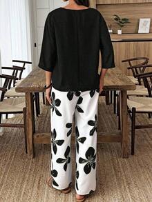 Conjunto de camisa de unicolor y pantalones con estampado floral para vacaciones - Multicolor 6 - Ver 2