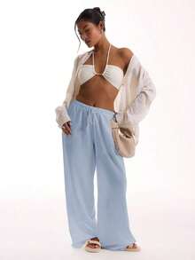 Pantalones de lino con textura, con cintura de corbata, para vacaciones de verano, elegantes, bohemios, casuales, para el aeropuerto, de primavera - Azul - Ver 3