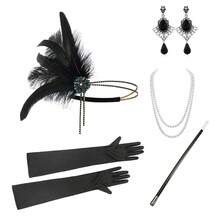 1920s Women's Feather Headband Vintage Crystal Yellow Diamond Cream White Pearl Necklace Beige Long Gloves Halloween Party Accessories Attractive Set - Style 2 - View 15